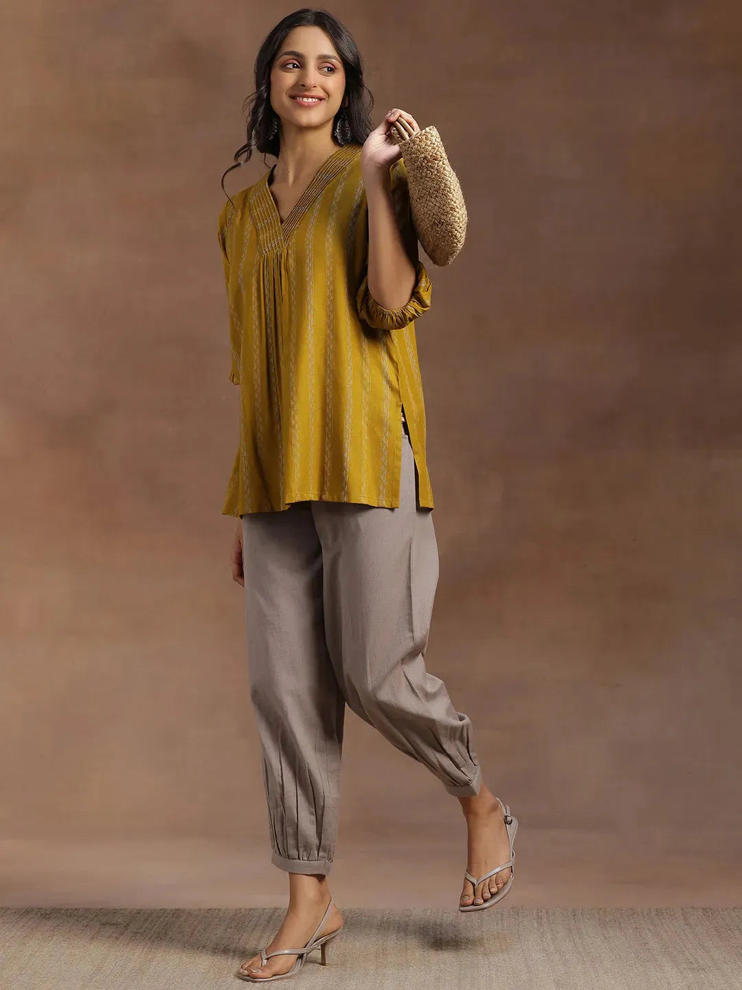 Libas Mustard Woven Design Rayon Straight Kurti