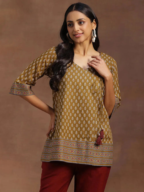 Libas Mustard Printed Cotton A-line Kurti