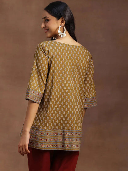 Libas Mustard Printed Cotton A-line Kurti
