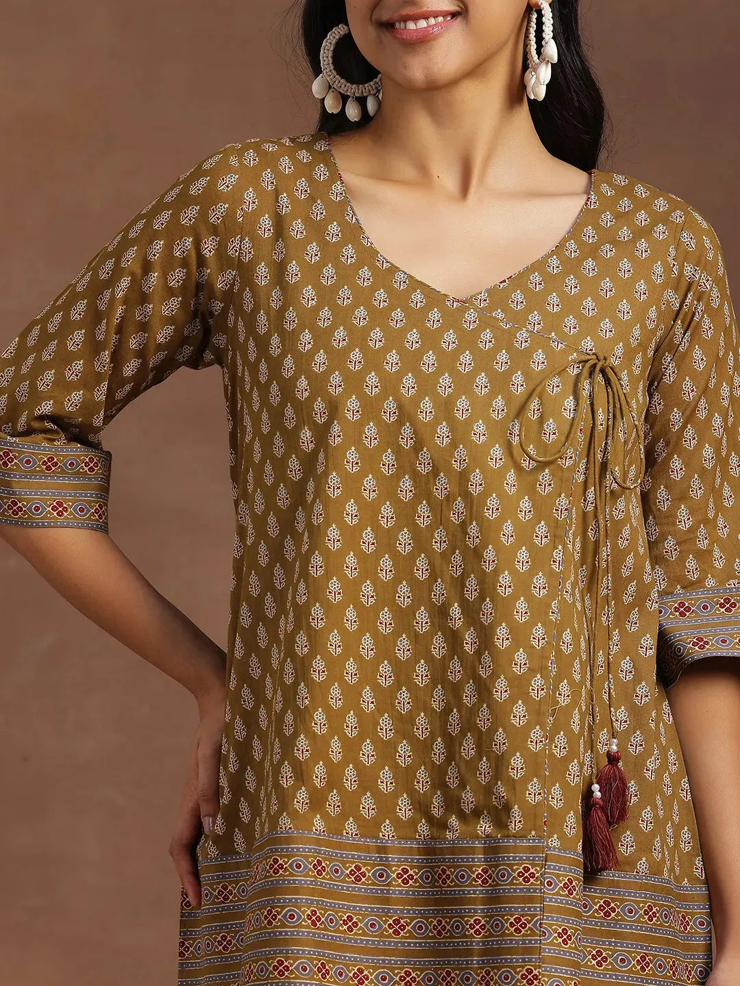 Libas Mustard Printed Cotton A-line Kurti