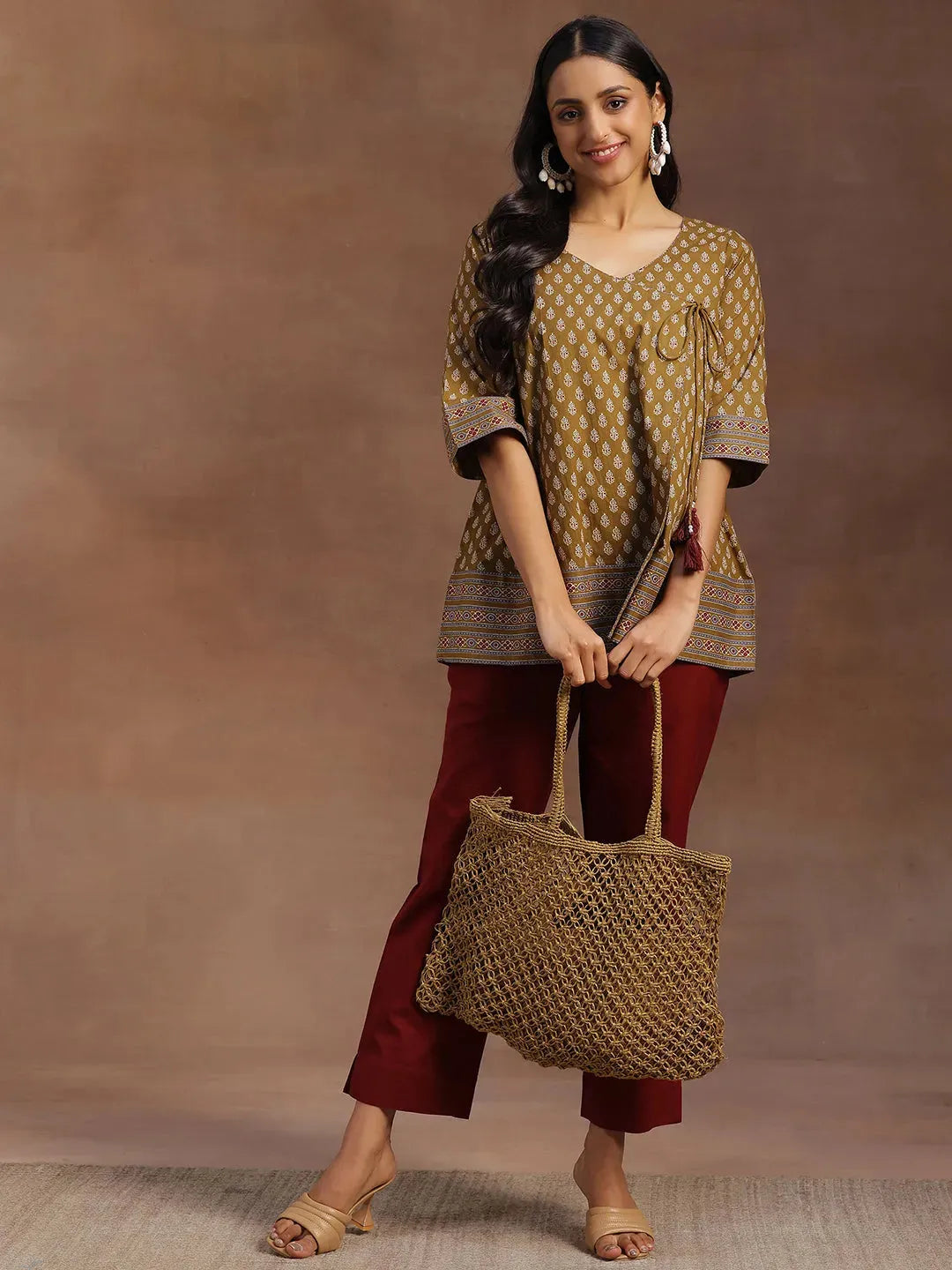 Libas Mustard Printed Cotton A-line Kurti