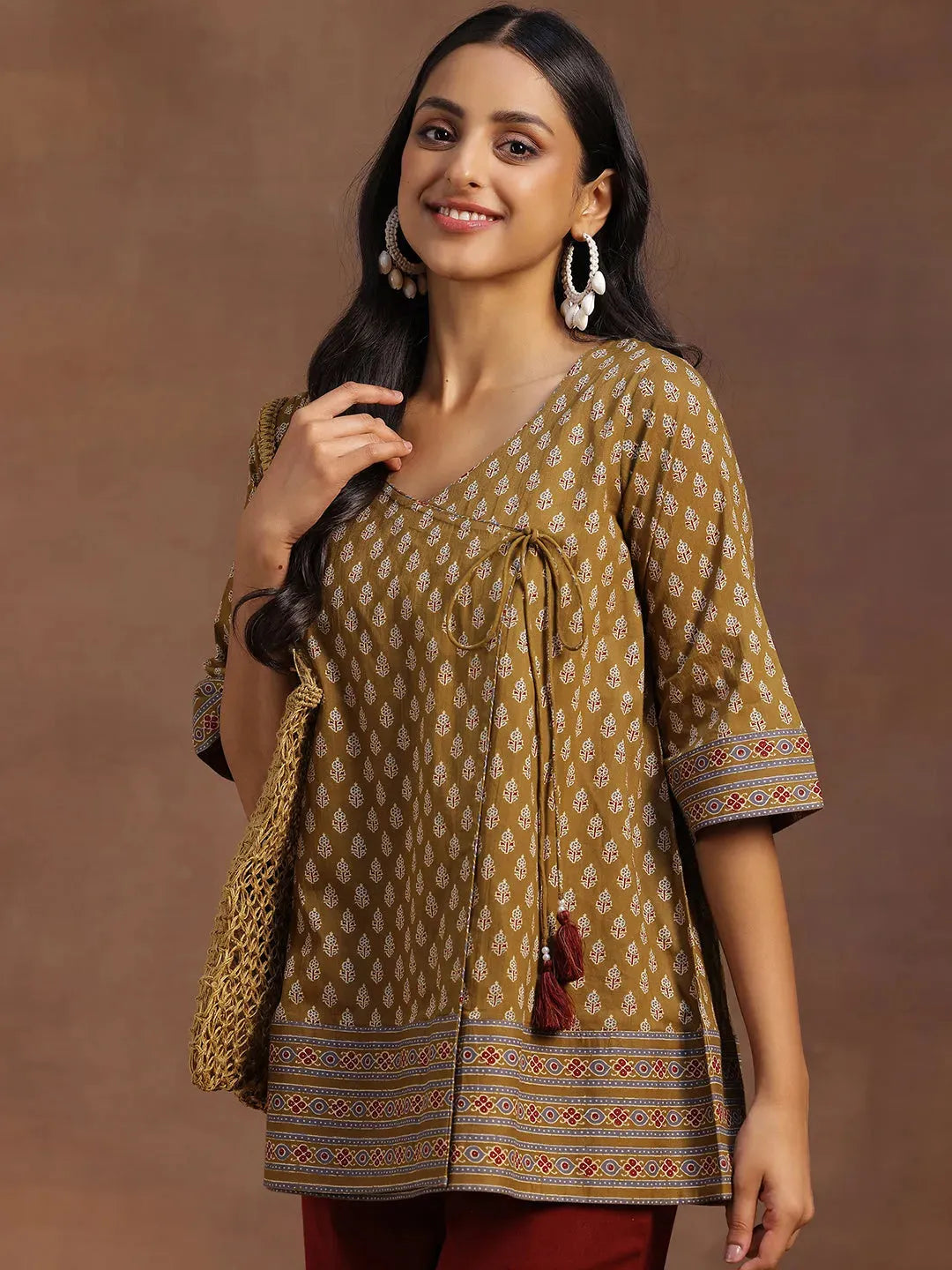 Libas Mustard Printed Cotton A-line Kurti