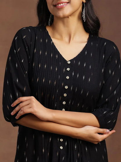 Libas Black Woven Design Cotton Blend A-line Kurti