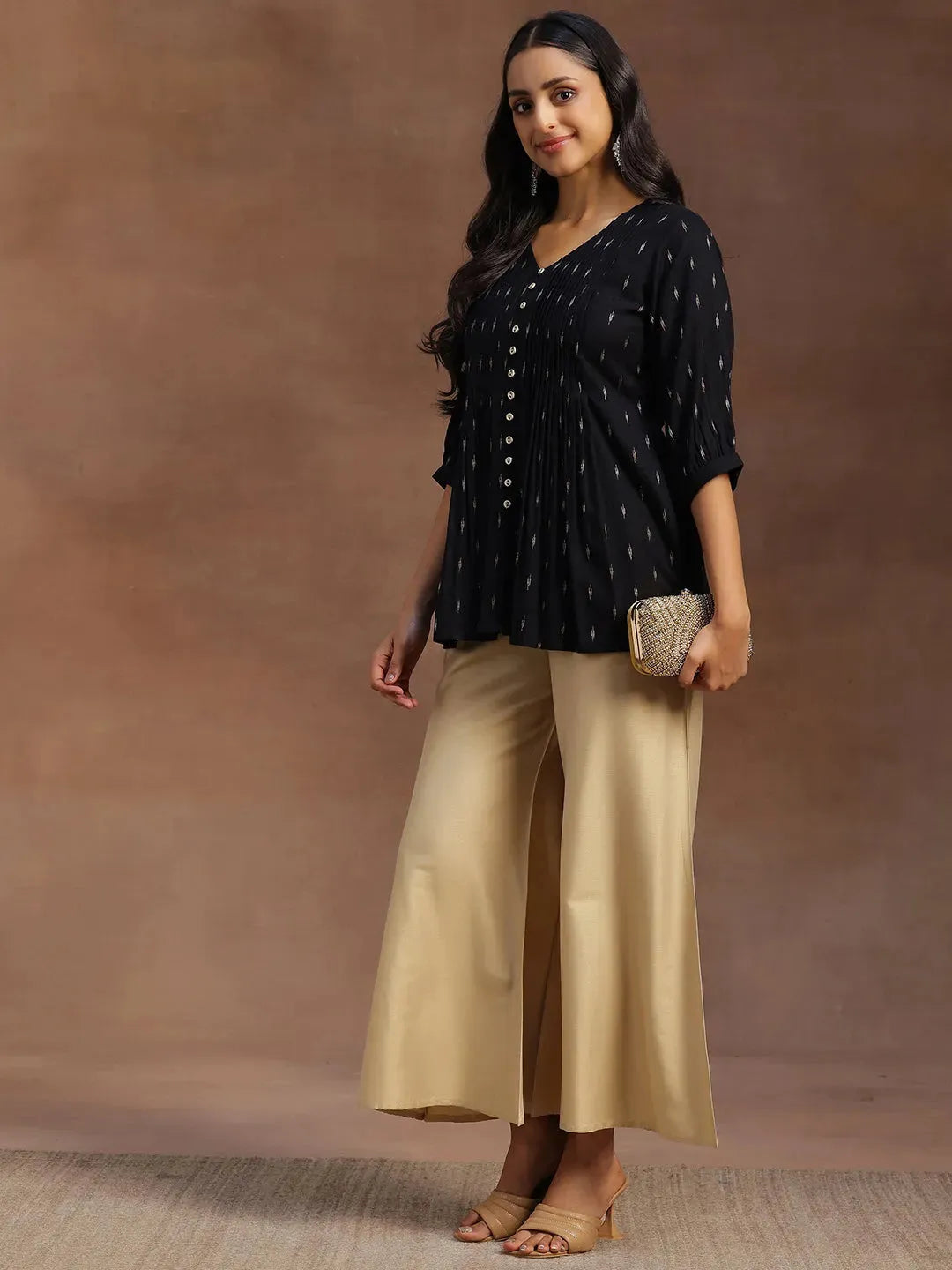 Libas Black Woven Design Cotton Blend A-line Kurti