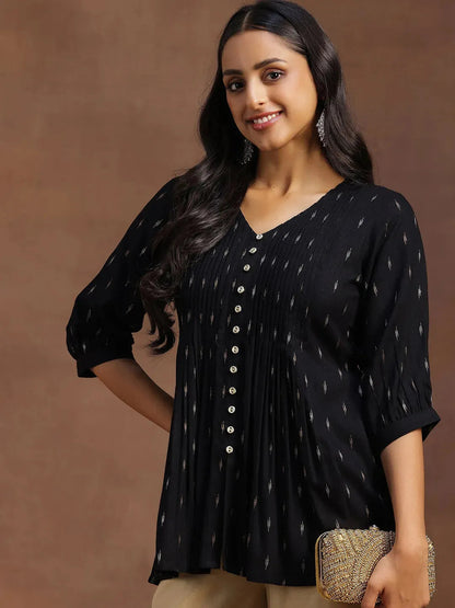 Libas Black Woven Design Cotton Blend A-line Kurti