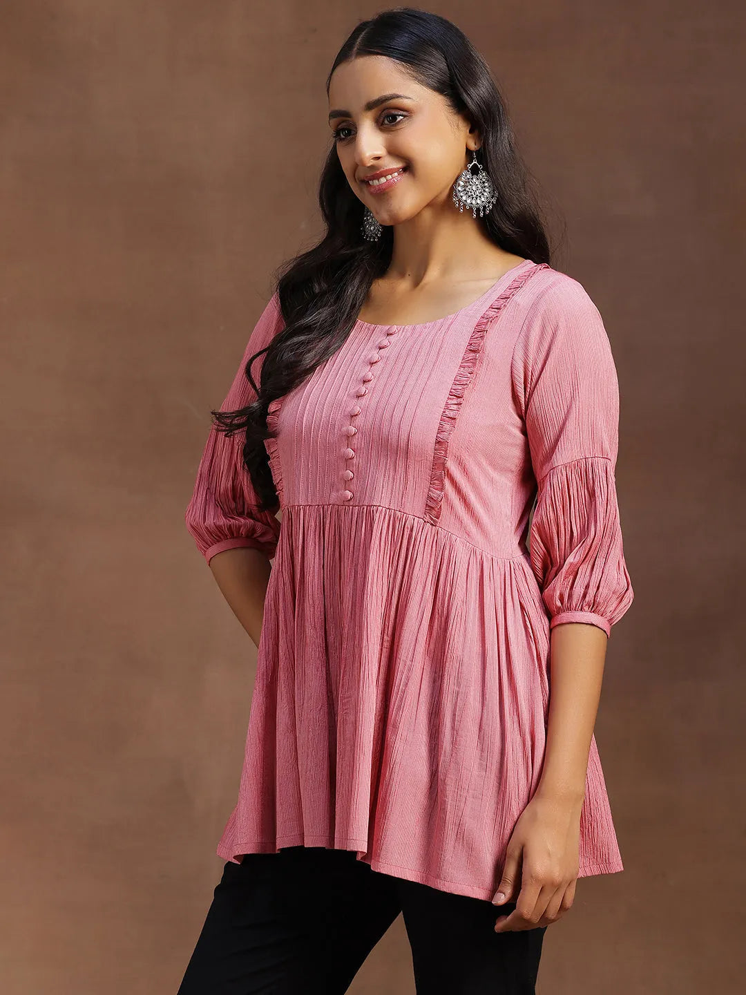 Libas Pink Solid Cotton Blend A-line Kurti