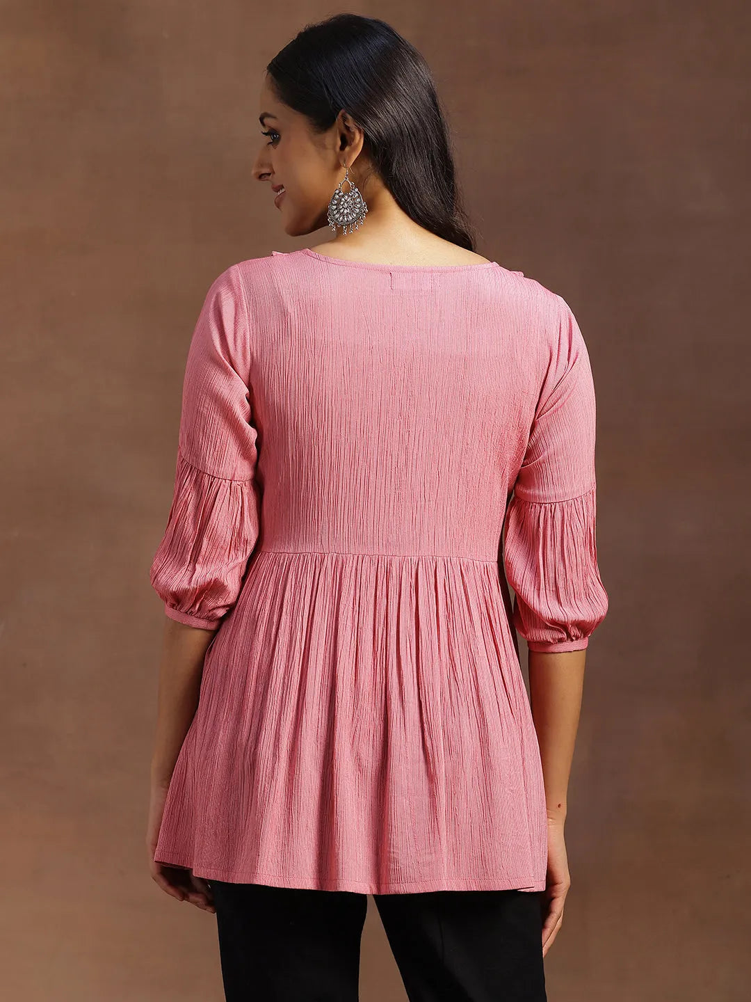 Libas Pink Solid Cotton Blend A-line Kurti