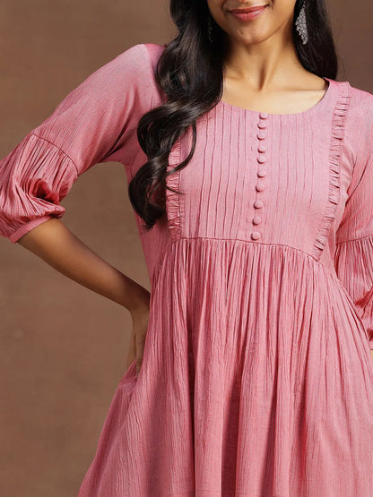 Libas Pink Solid Cotton Blend A-line Kurti