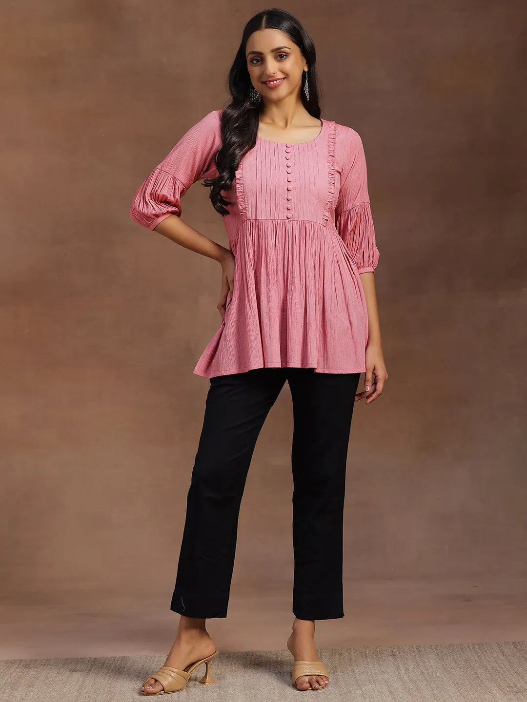 Libas Pink Solid Cotton Blend A-line Kurti