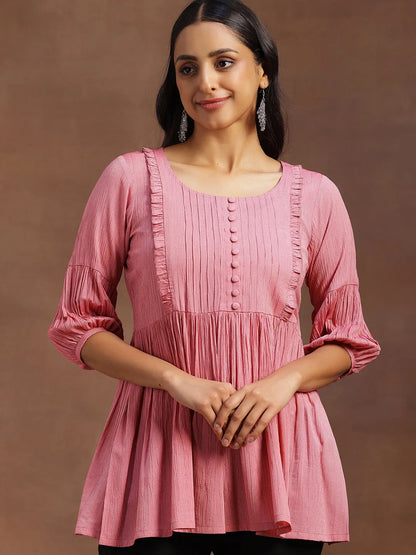 Libas Pink Solid Cotton Blend A-line Kurti