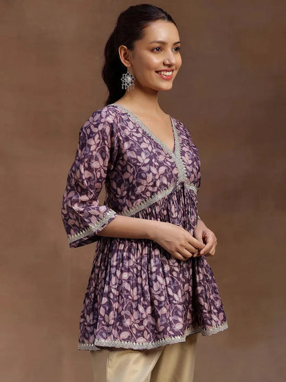Libas Purple Printed Silk Blend A-line Kurti