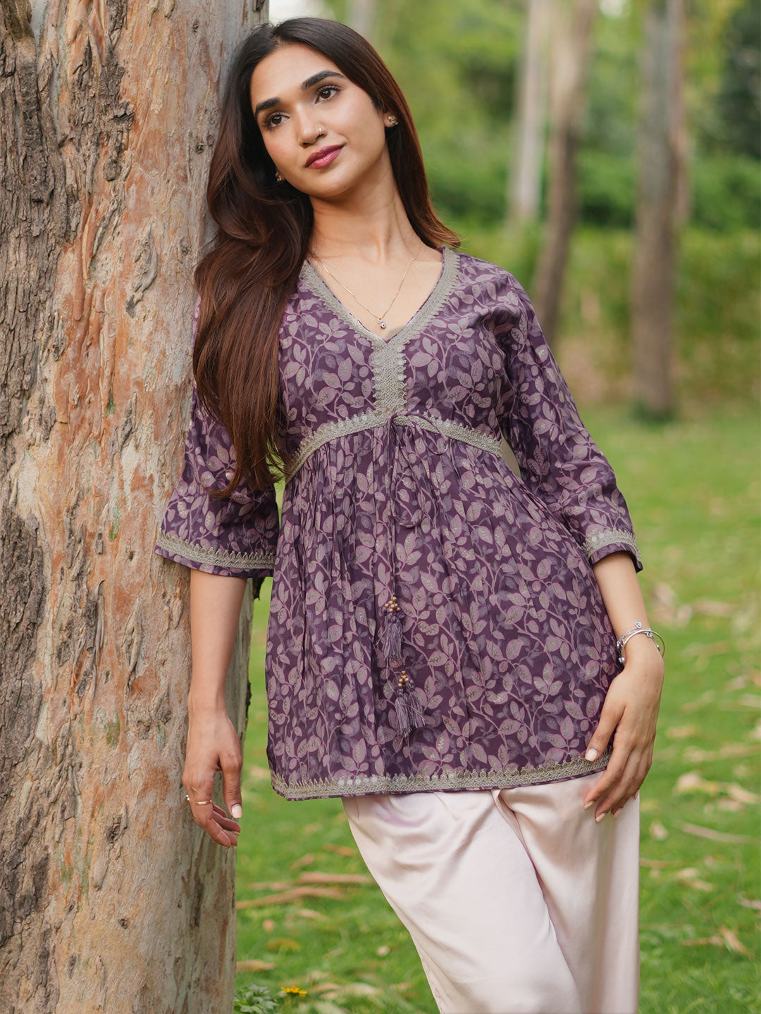 Libas Purple Printed Silk Blend A-line Kurti
