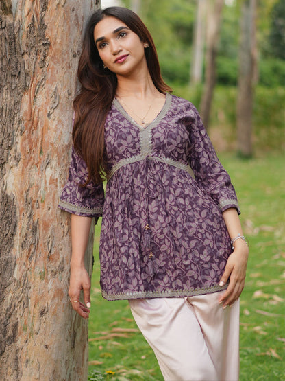 Libas Purple Printed Silk Blend A-line Kurti