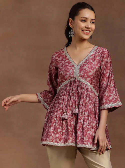 Libas Pink Printed Silk Blend A-line Kurti