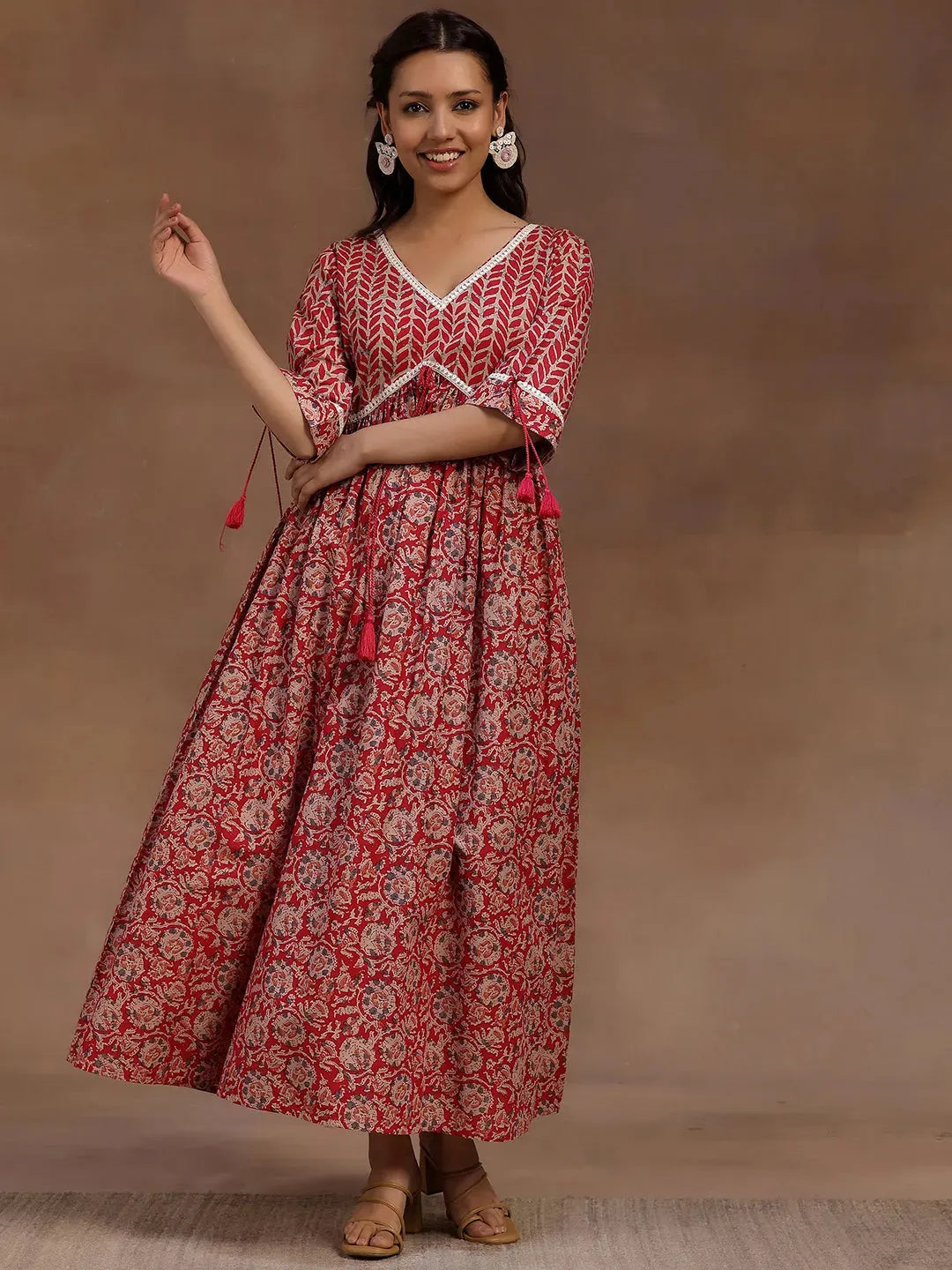 Libas Pink Printed Cotton Fit and Flare Dress