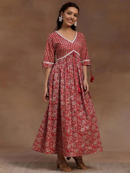 Libas Pink Printed Cotton Fit and Flare Dress