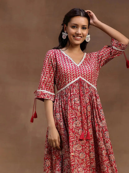 Libas Pink Printed Cotton Fit and Flare Dress