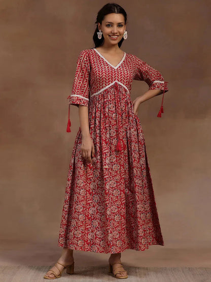 Libas Pink Printed Cotton Fit and Flare Dress