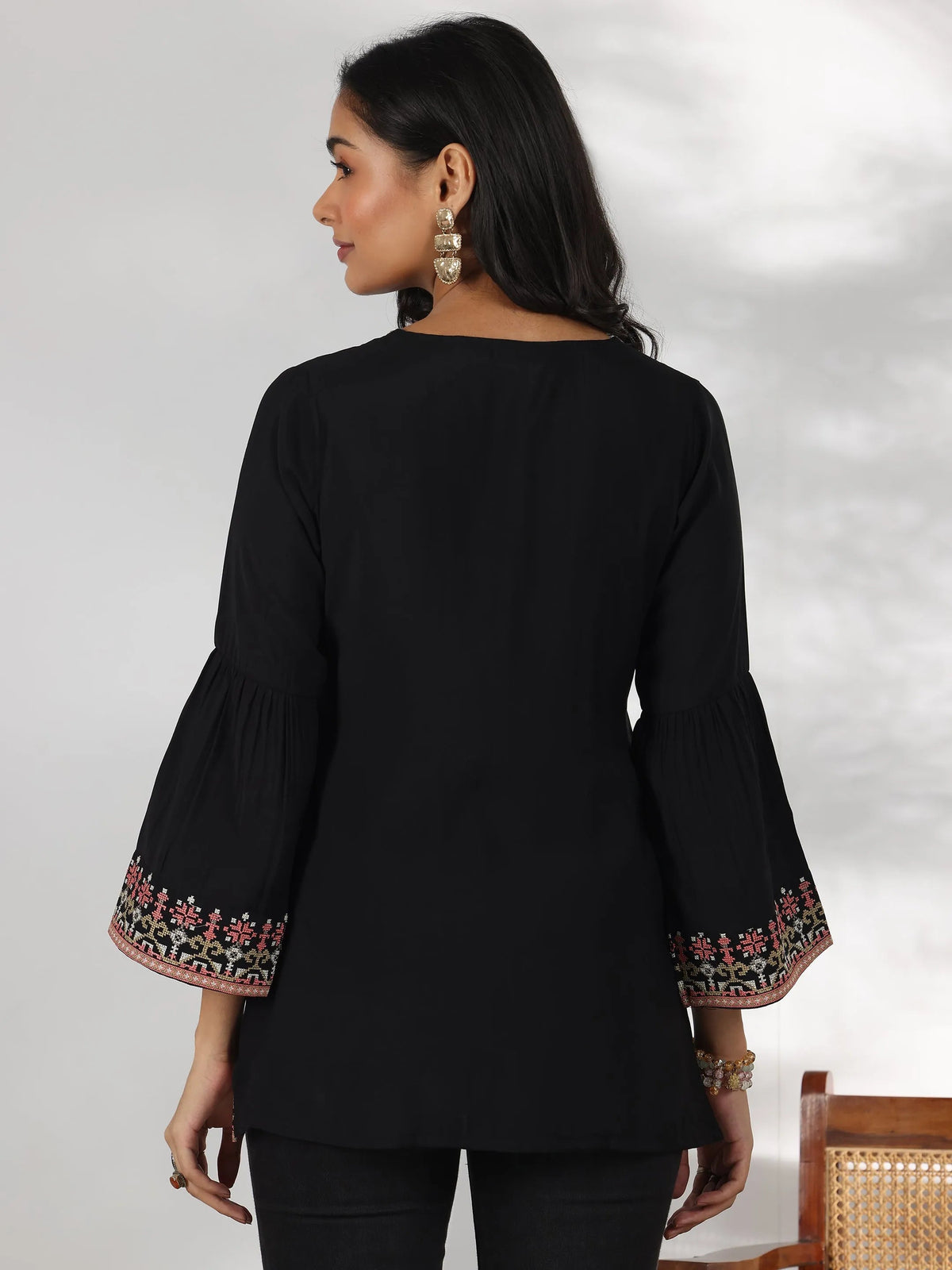 Libas Black Embroidered Silk Blend Straight Kurti