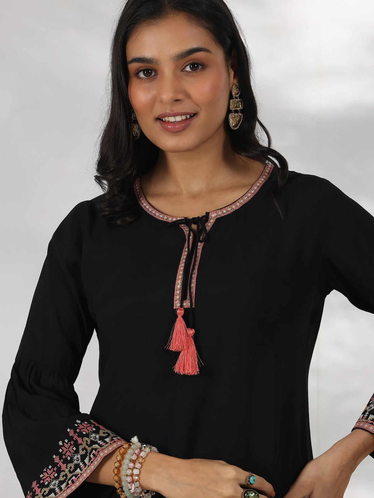 Libas Black Embroidered Silk Blend Straight Kurti