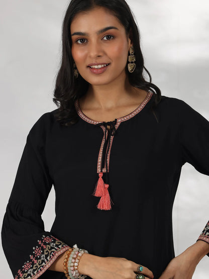 Libas Black Embroidered Silk Blend Straight Kurti