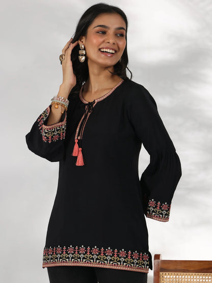 Libas Black Embroidered Silk Blend Straight Kurti