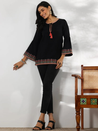 Libas Black Embroidered Silk Blend Straight Kurti