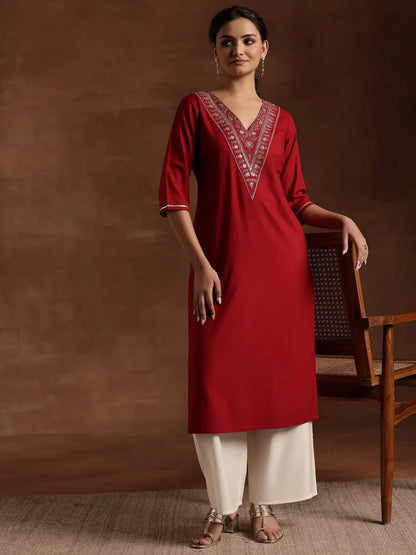 Libas Maroon Yoke Design Rayon A-Line Kurta
