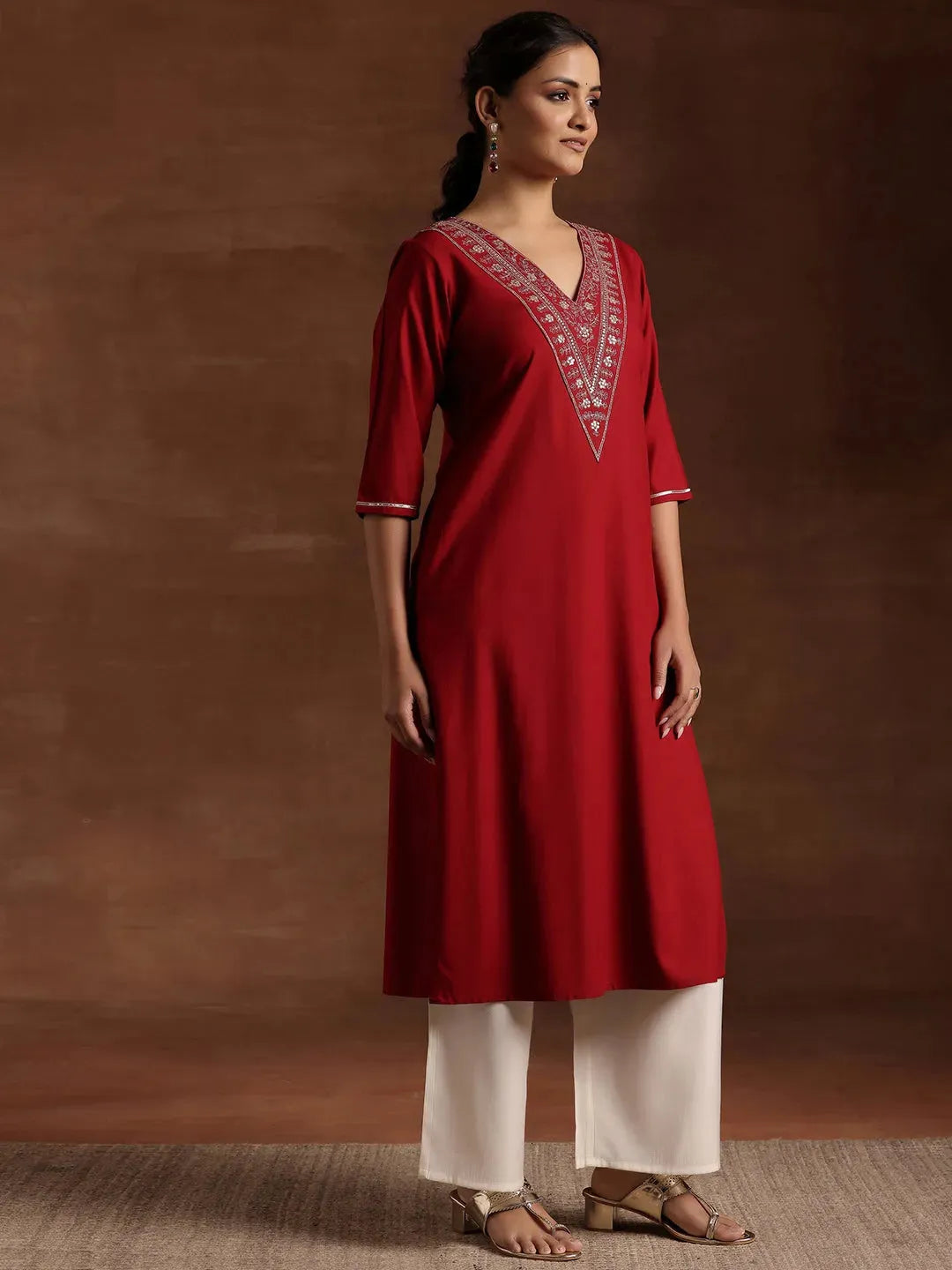 Libas Maroon Yoke Design Rayon A-Line Kurta