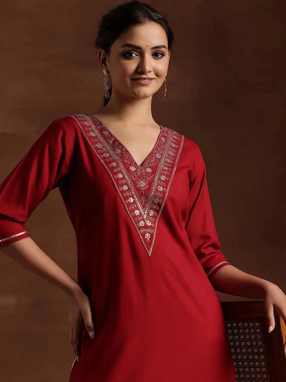 Libas Maroon Yoke Design Rayon A-Line Kurta