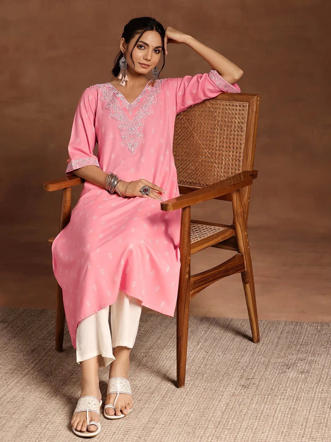 Libas Pink Woven Design Rayon A-Line Kurta