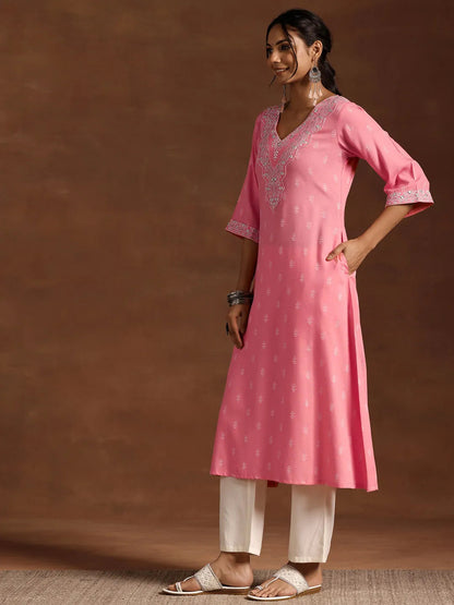 Libas Pink Woven Design Rayon A-Line Kurta
