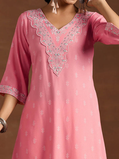 Libas Pink Woven Design Rayon A-Line Kurta