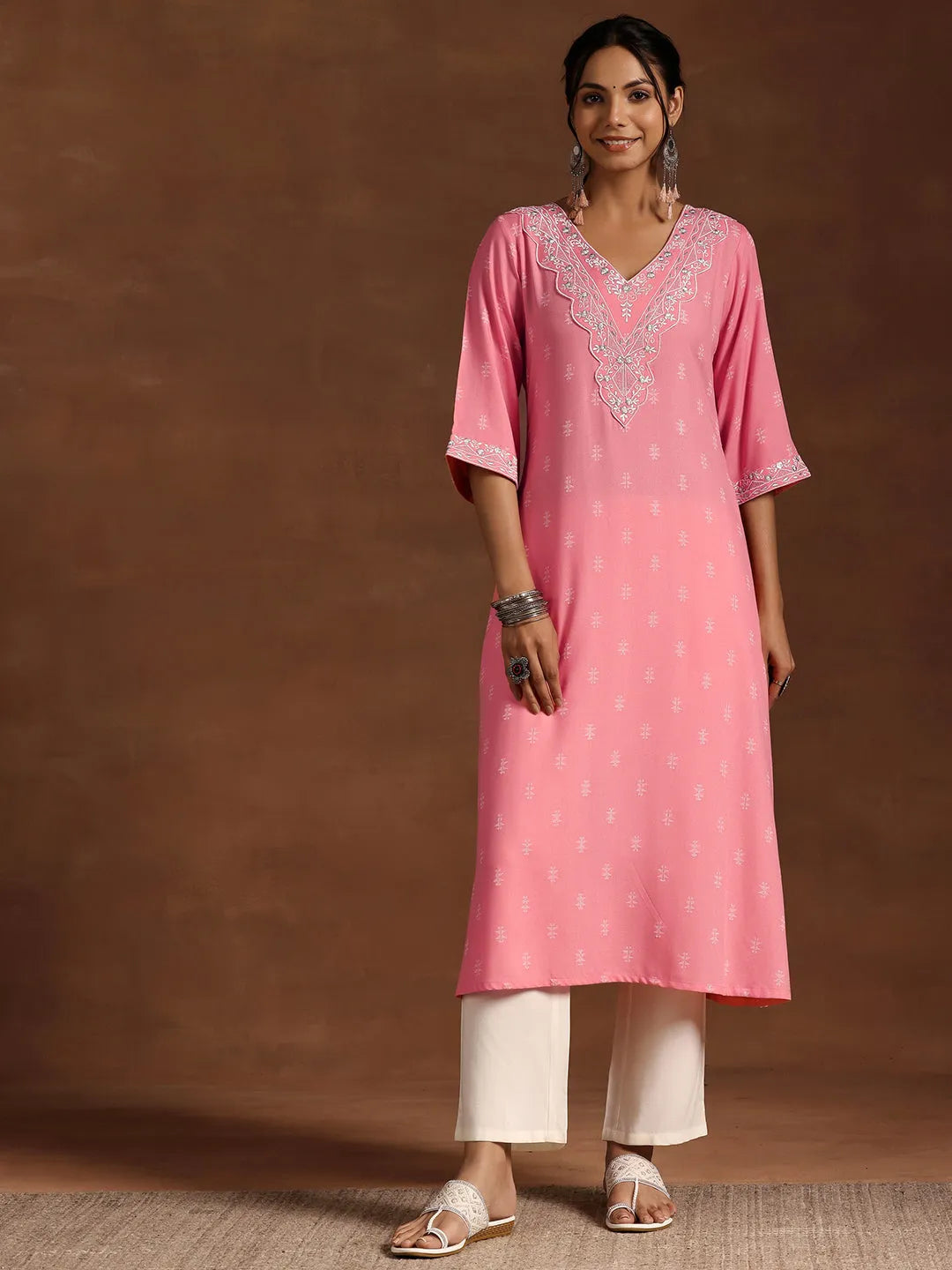 Libas Pink Woven Design Rayon A-Line Kurta