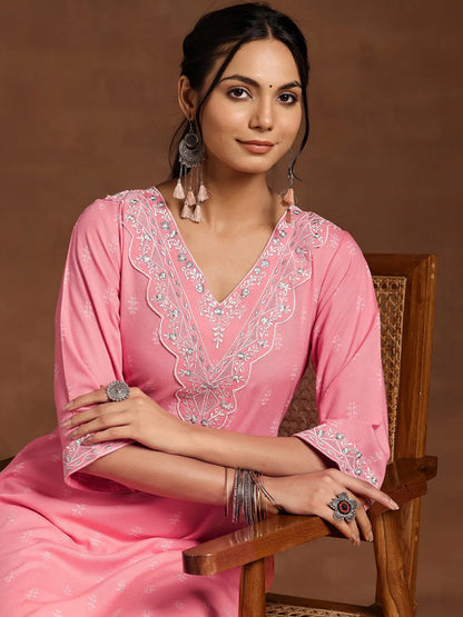 Libas Pink Woven Design Rayon A-Line Kurta