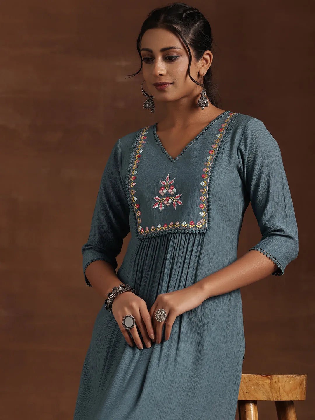 Libas Blue Yoke Design Cotton Straight Kurta