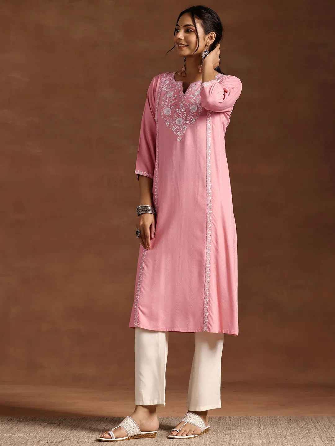 Libas Peach Yoke Design Rayon A-Line Kurta