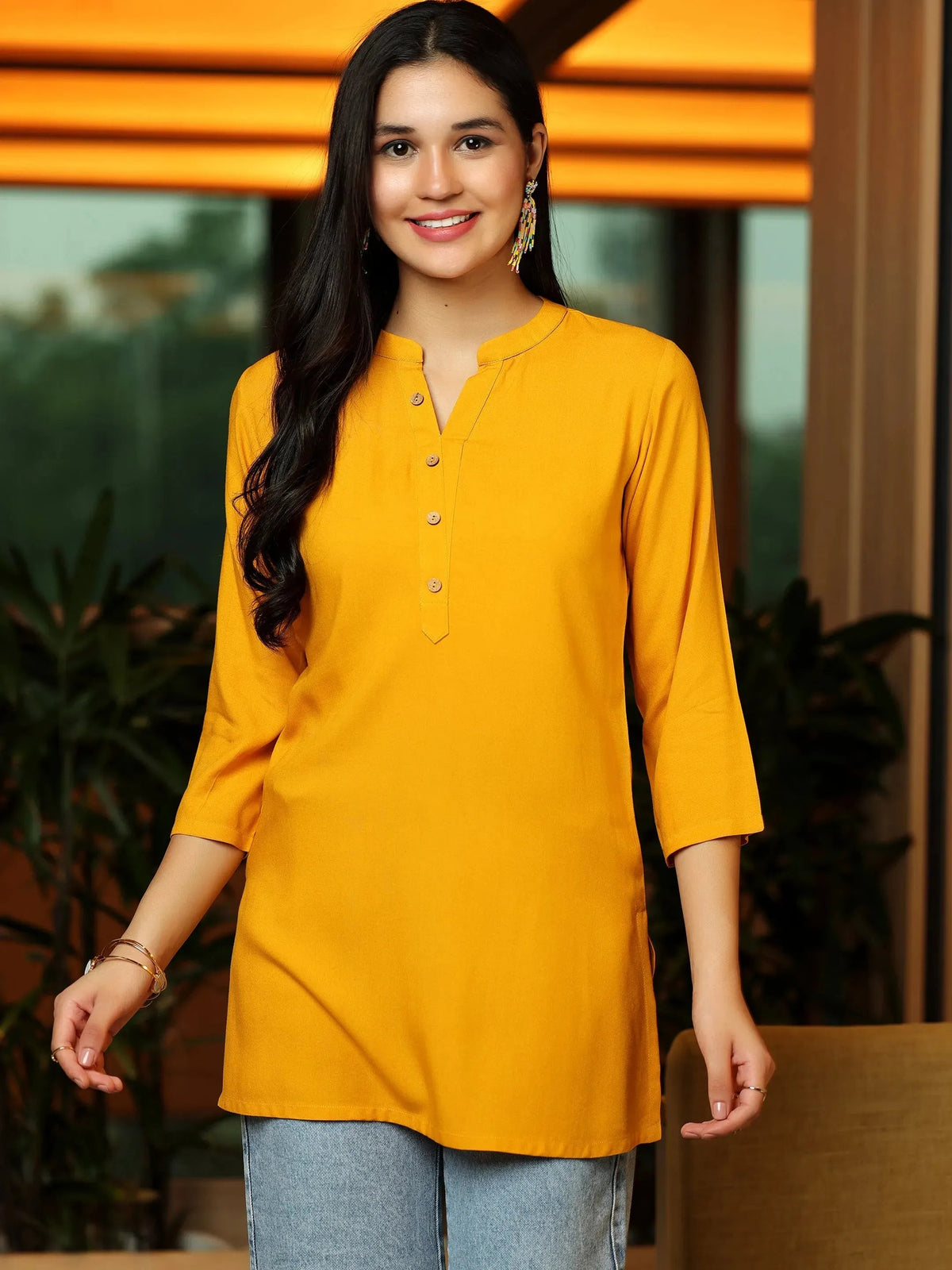Libas Mustard Solid Rayon Straight Kurti