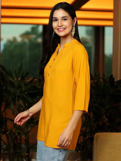 Libas Mustard Solid Rayon Straight Kurti