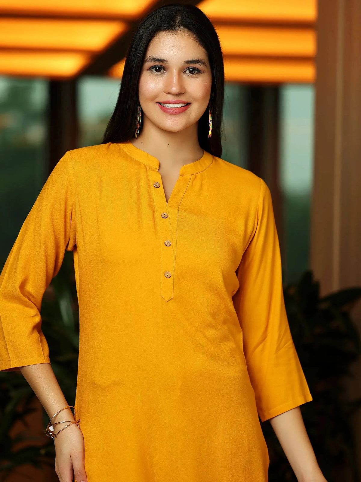 Libas Mustard Solid Rayon Straight Kurti