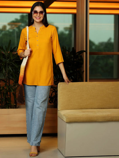 Libas Mustard Solid Rayon Straight Kurti