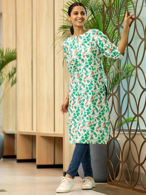 Libas Off White Printed Cotton Straight Kurta