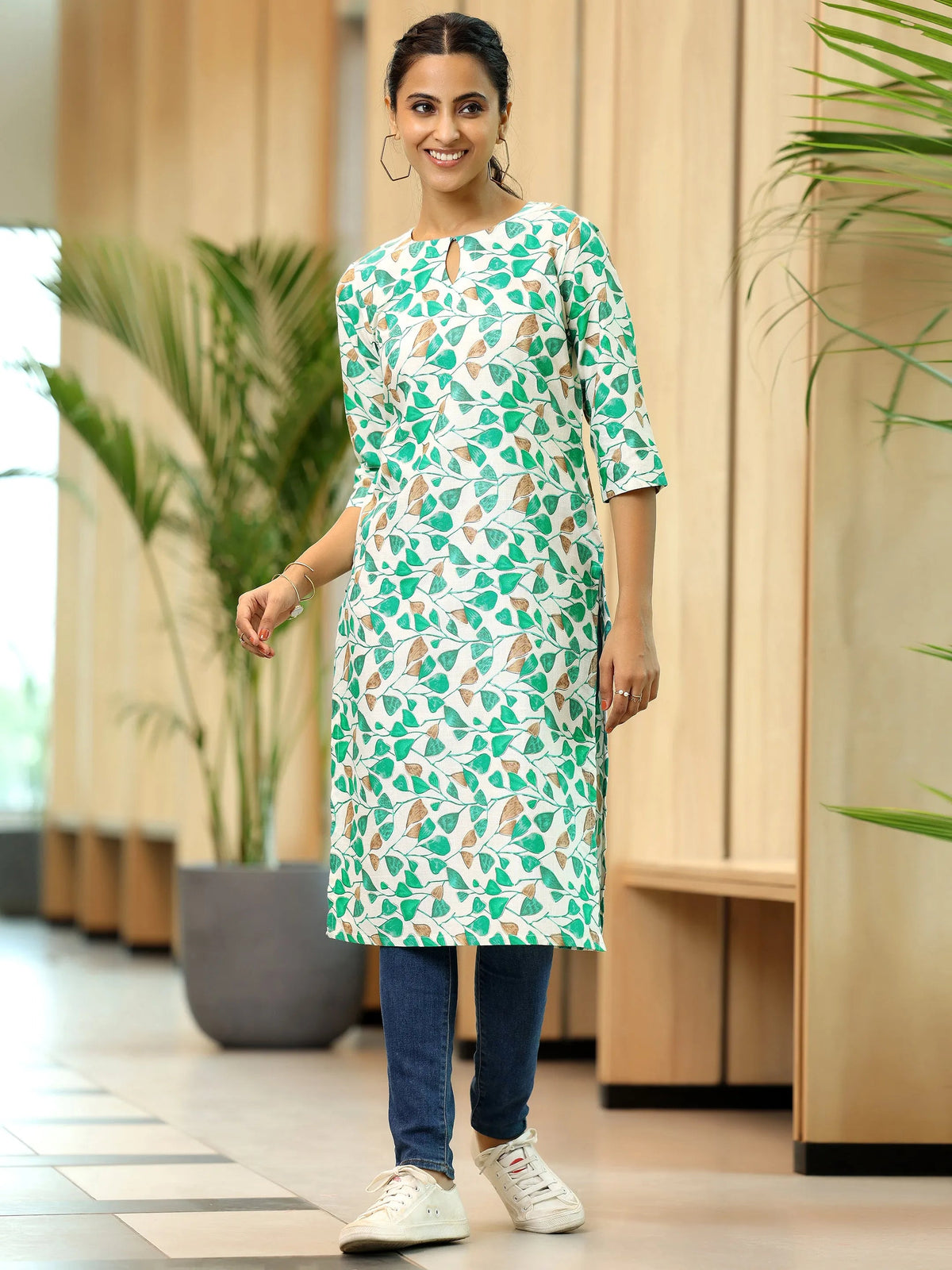 Libas Off White Printed Cotton Straight Kurta