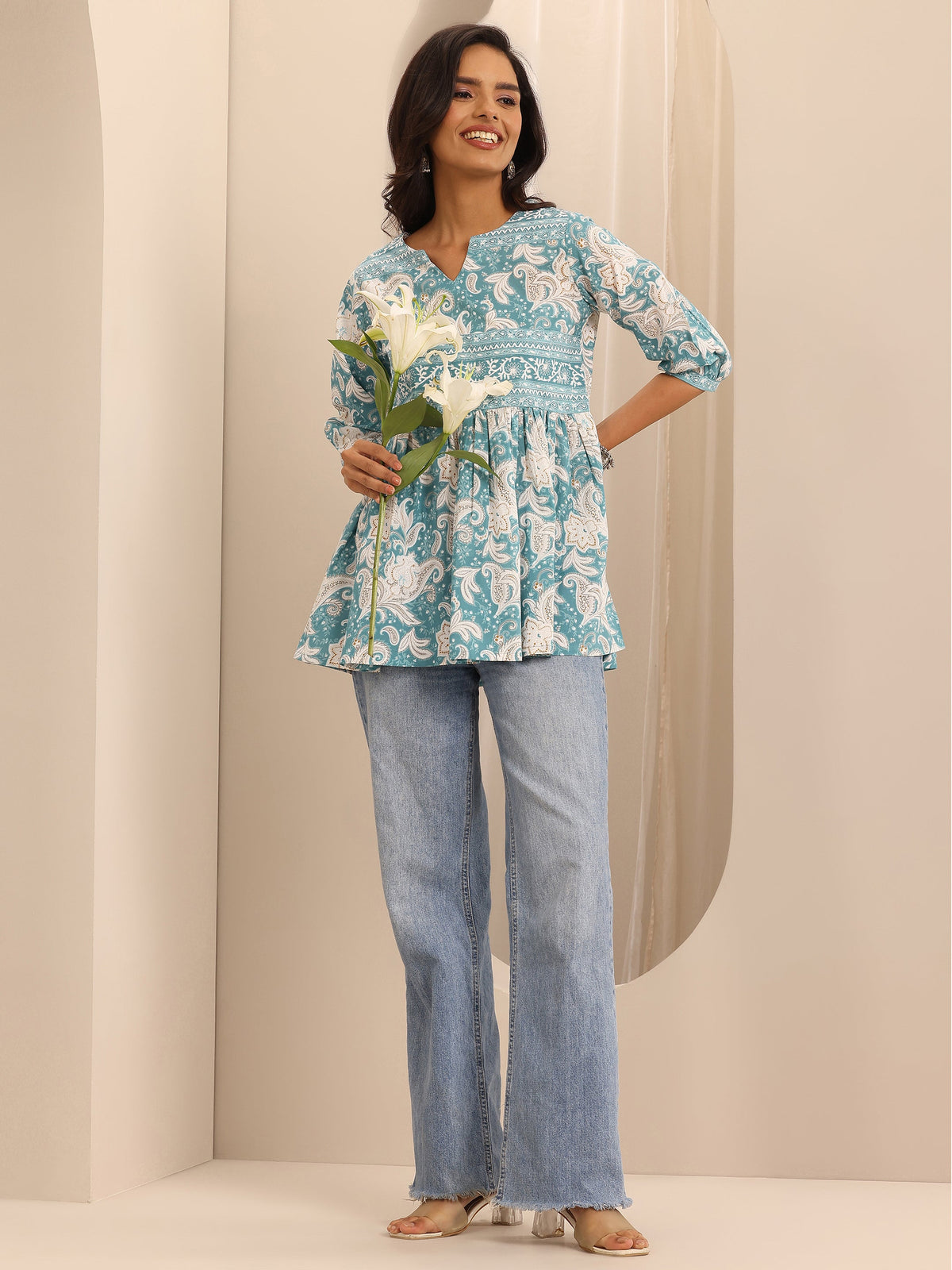 Libas Blue Printed Cotton Anarkali Kurti