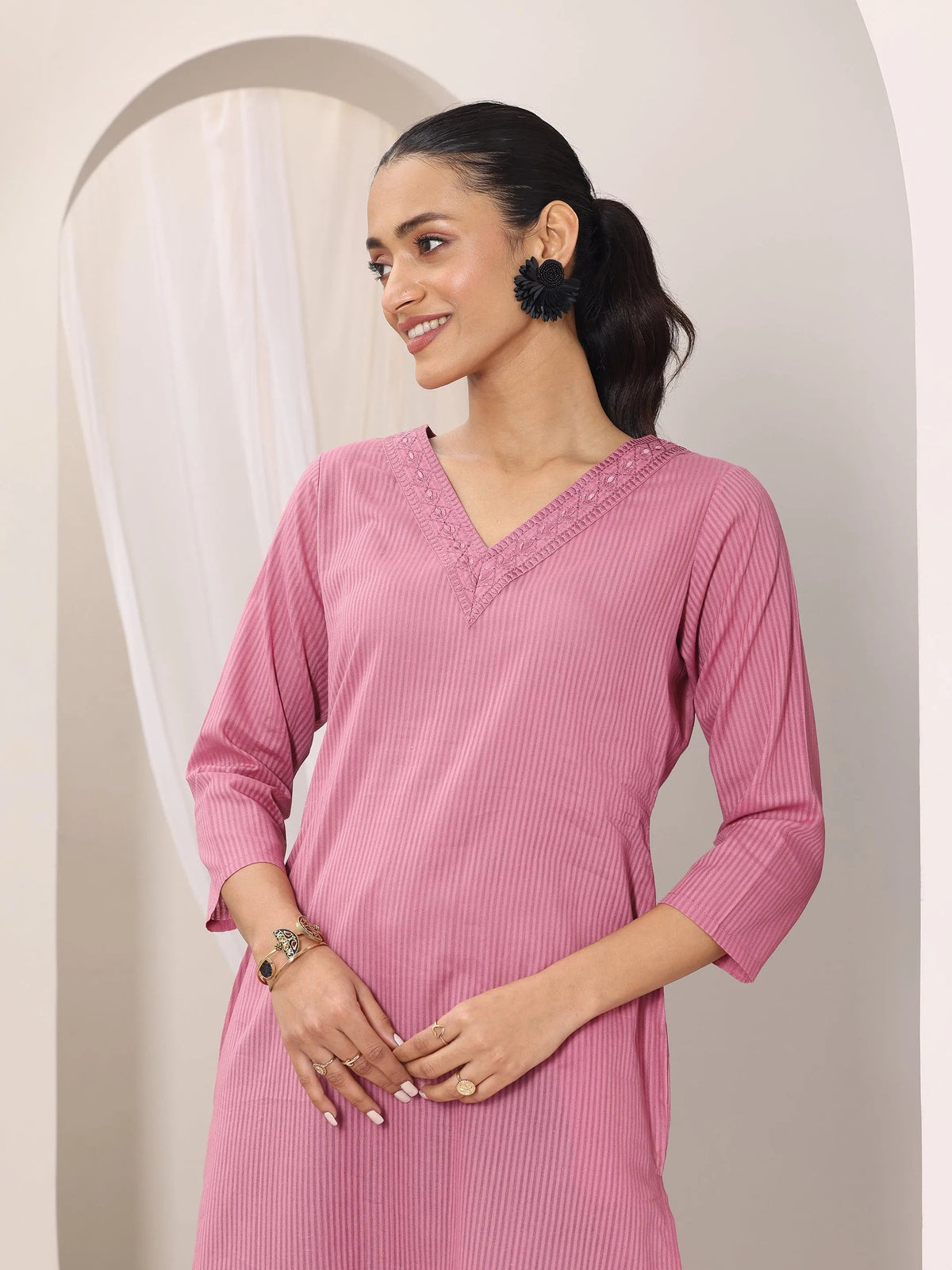 Libas Pink Printed Cotton Straight Kurta