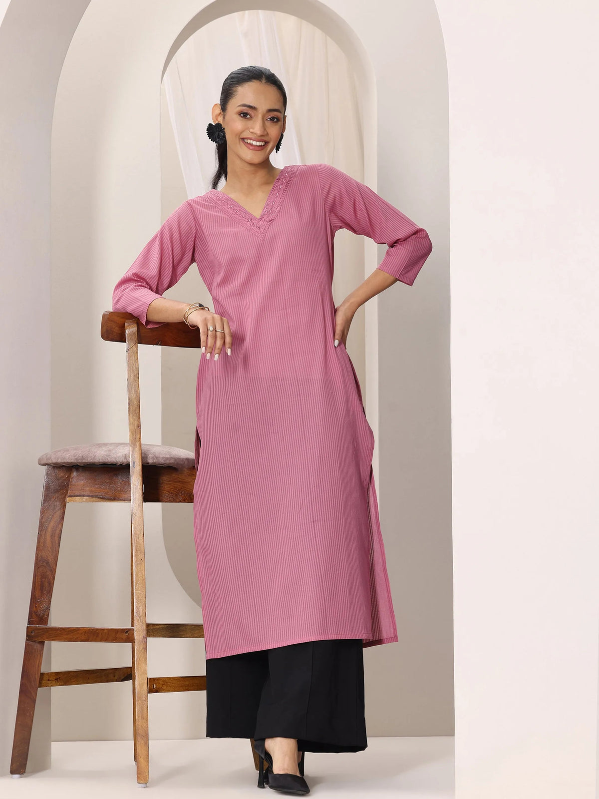 Libas Pink Printed Cotton Straight Kurta