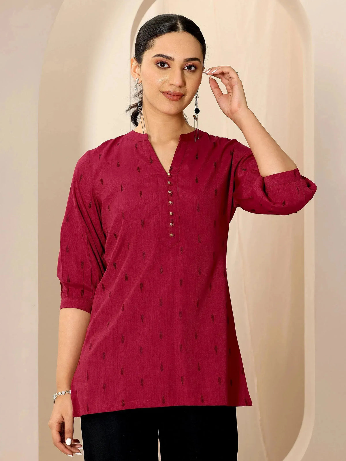 Libas Maroon Woven Design Viscose Rayon Straight Short Kurti