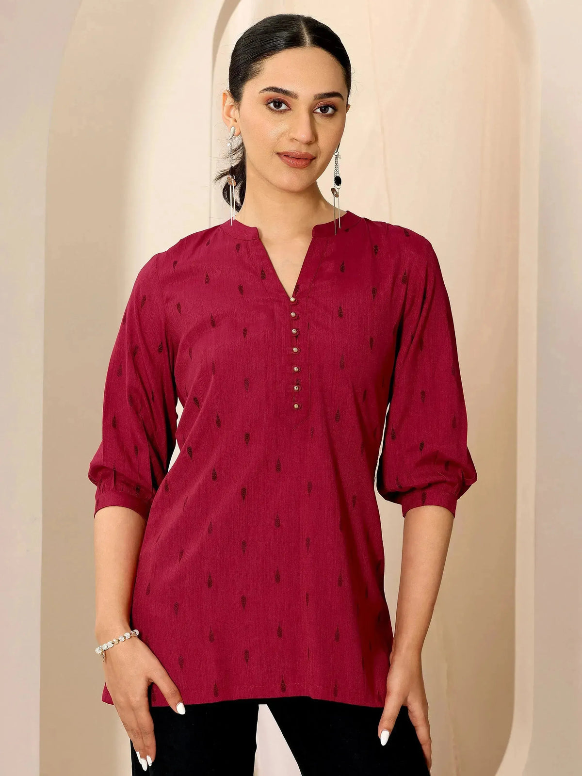 Libas Maroon Woven Design Viscose Rayon Straight Short Kurti