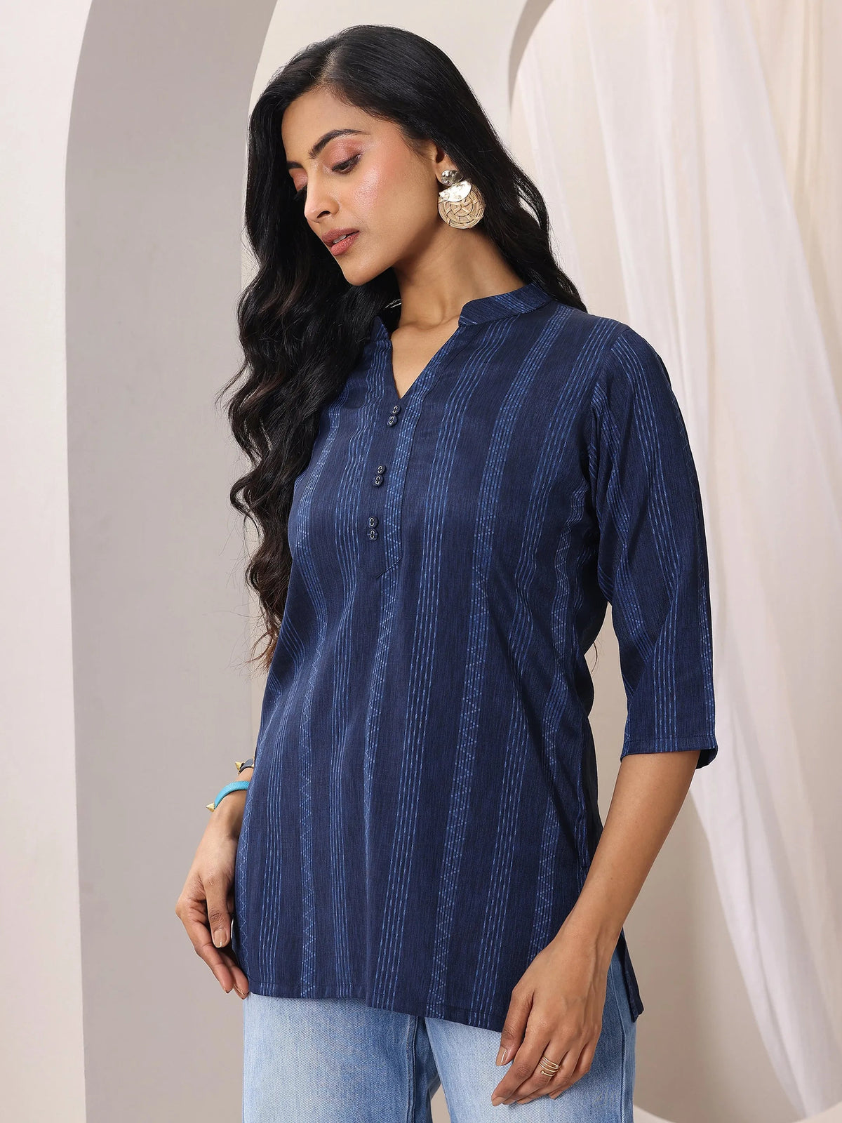 Libas Blue Woven Design Cotton Blend Straight Short Kurti