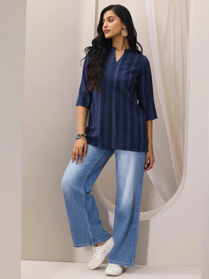Libas Blue Woven Design Cotton Blend Straight Short Kurti